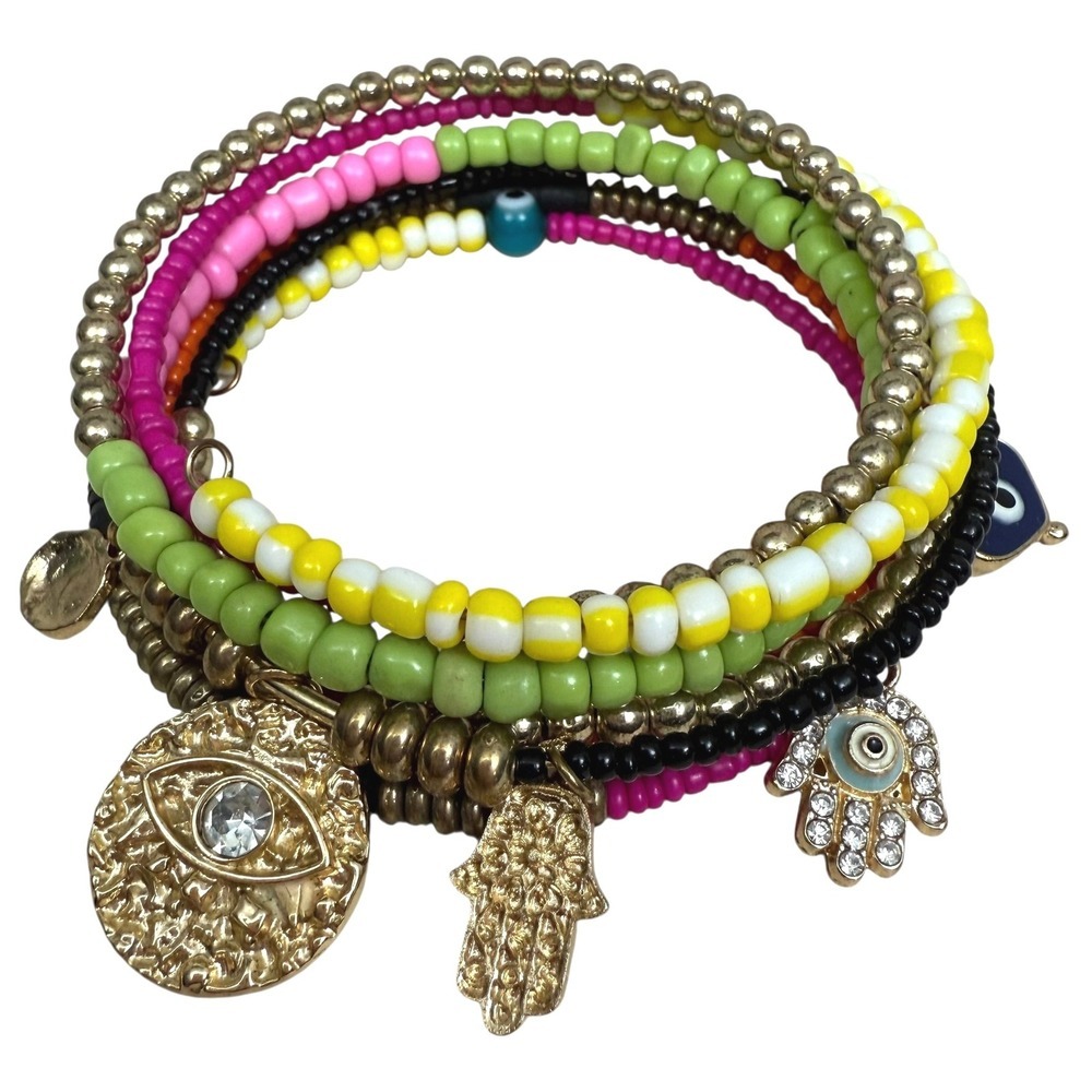Colorful Beaded Wrap Evil Eye Boho Charm Bracelet Gold Tone Wiring Jewelry 6.75